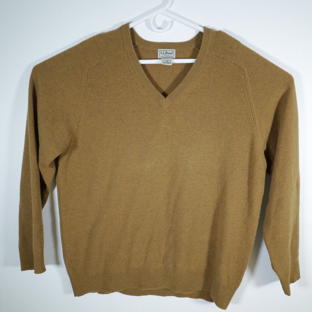 L.L Bean 100% Lambs Wool V-Neck Pullover Sweater Mens Size L Large Yellow Brown